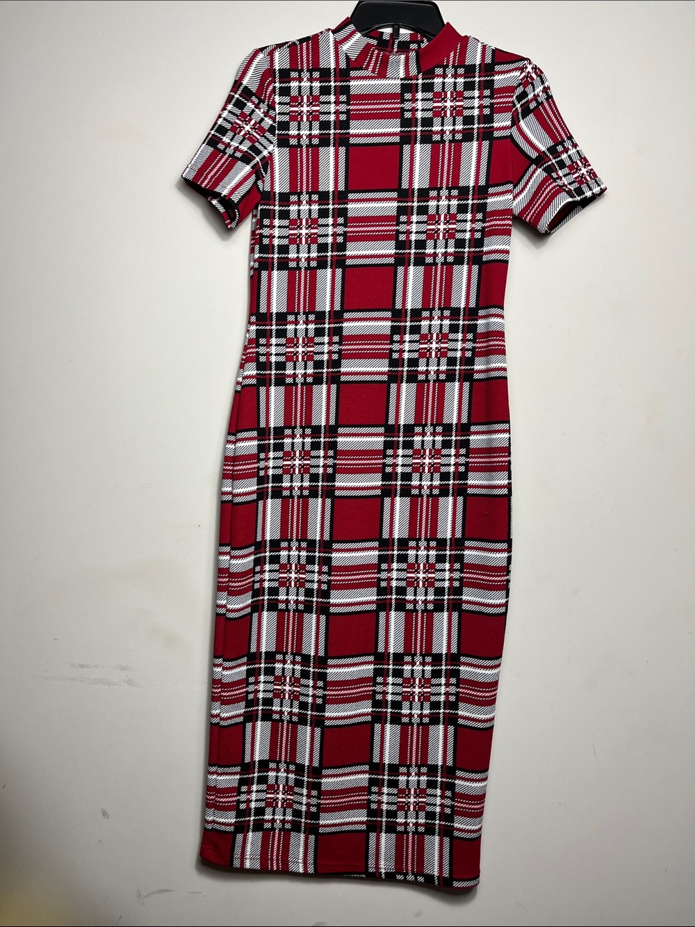 Shein Red Plaid Short-Sleeve Midi Dress Small